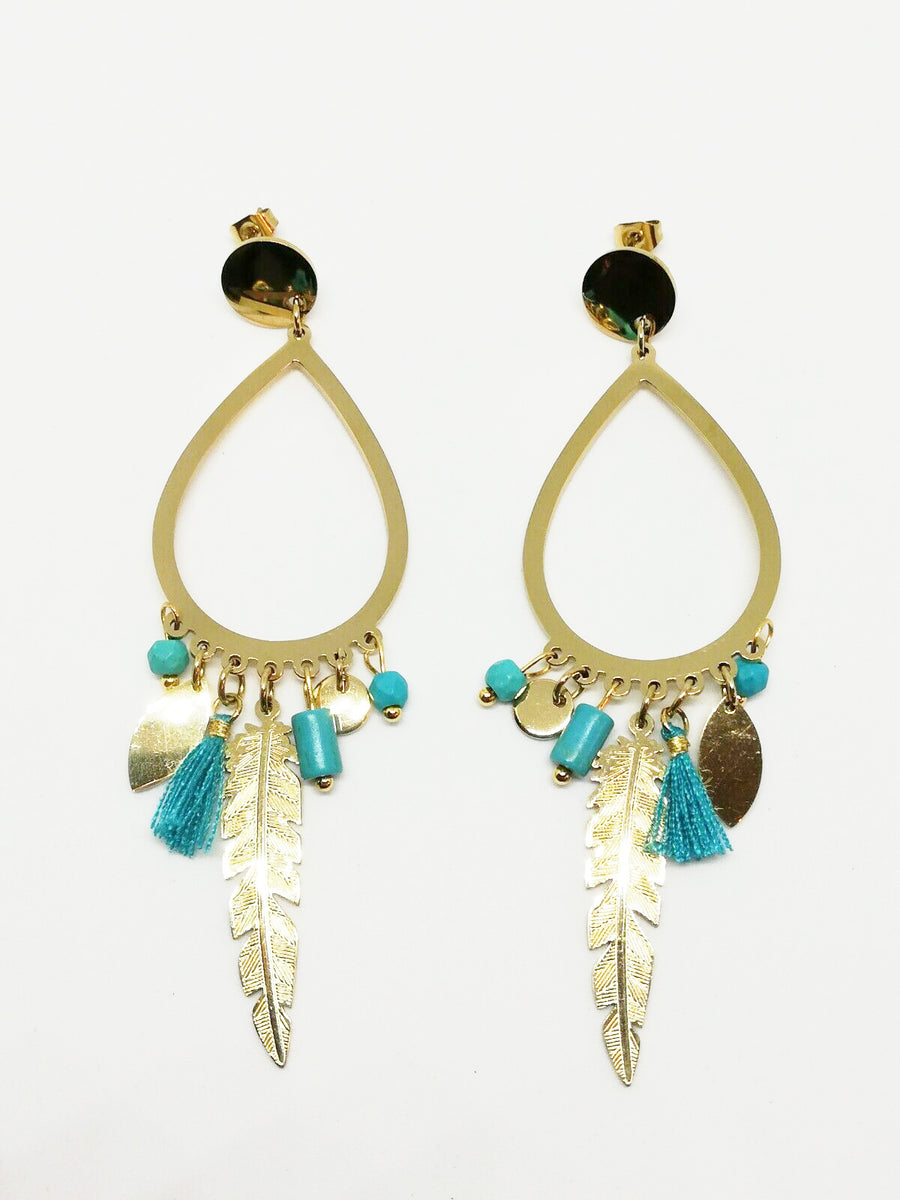 Boucles d'oreilles, turquoise et rose gold, paillette, résine époxy,  bronze, bijoux pour femme