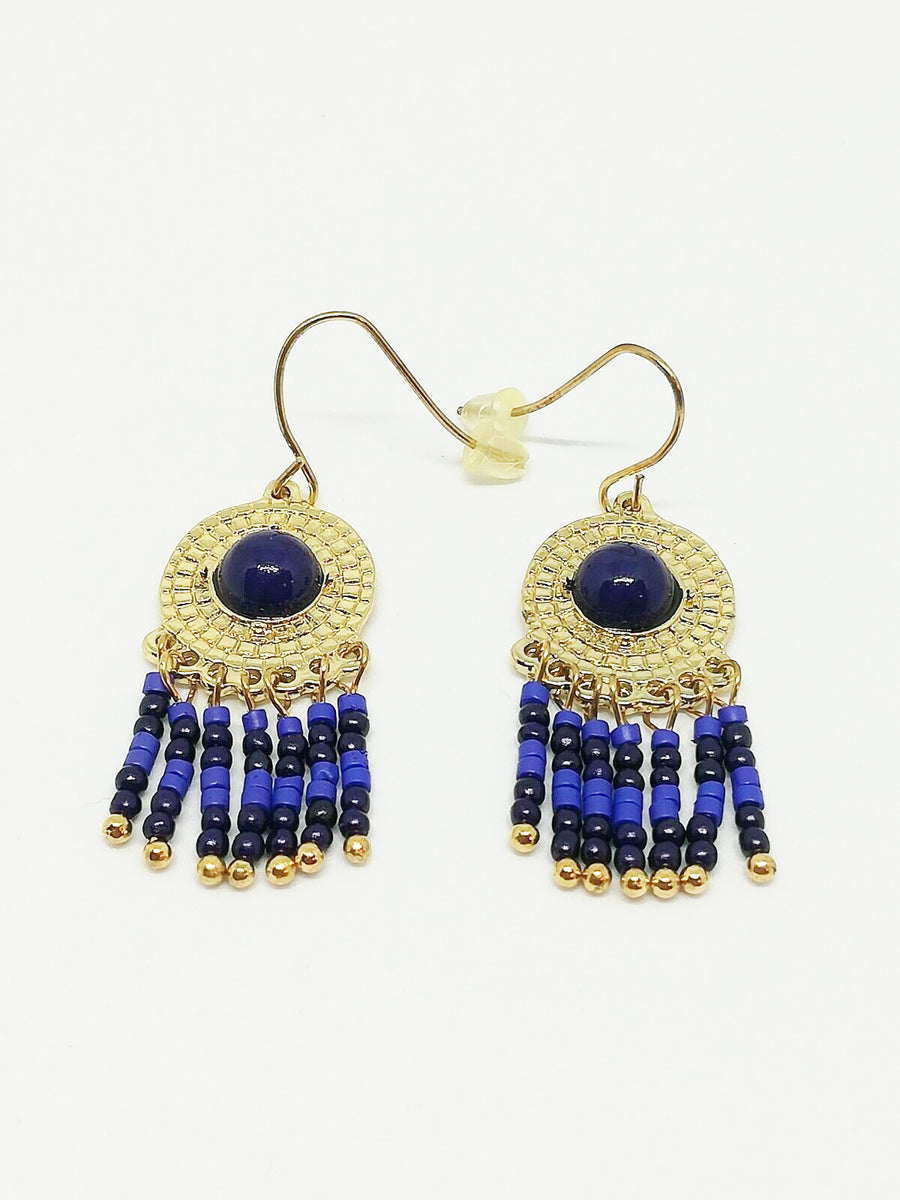 Boucles D'Oreilles Femme Pendantes - Style Bohème Avec Perles Bleues Et Finition Dorée