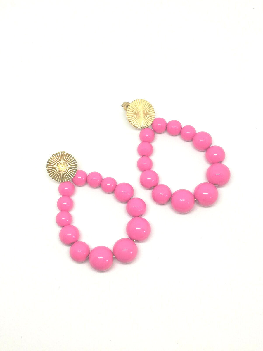 Boucles D'oreilles Gouttes Perles Résine Fuchsia - Doré Acier - Neuf Avec étiquettes