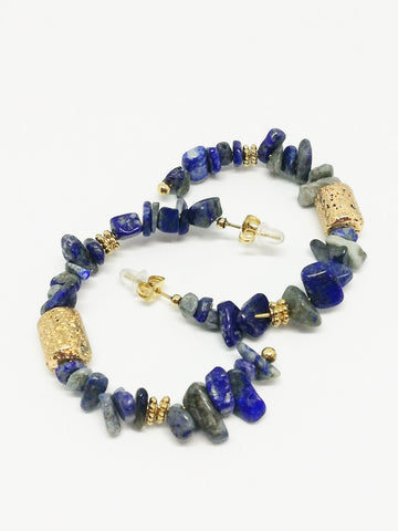 Boucles d'oreilles créoles femme pierre lapis lazuli - Doré