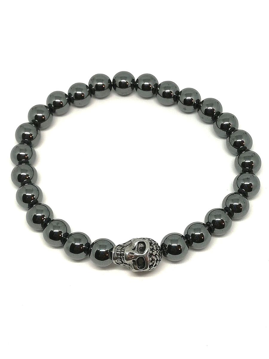 Bracelet Tête De Mort En Onyx Et Hématite - Acier Inoxydable - Neuf Avec étiquettes