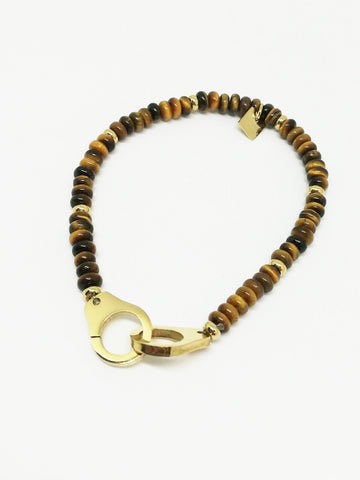 Bracelet perle oeil de tigre avec menotte - Doré