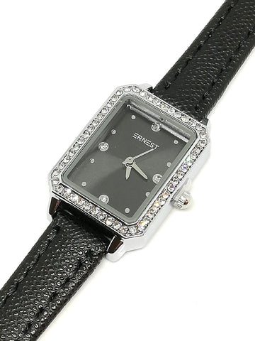 Montre femme strass bracelet cuir noir