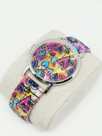 Montre femme tendance motif coeur multicolore